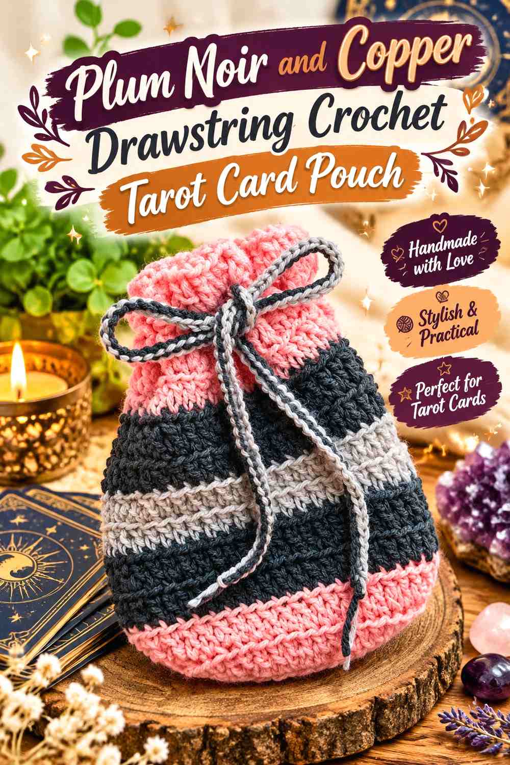 Plum Noir and Copper Drawstring Crochet Tarot Card Pouch