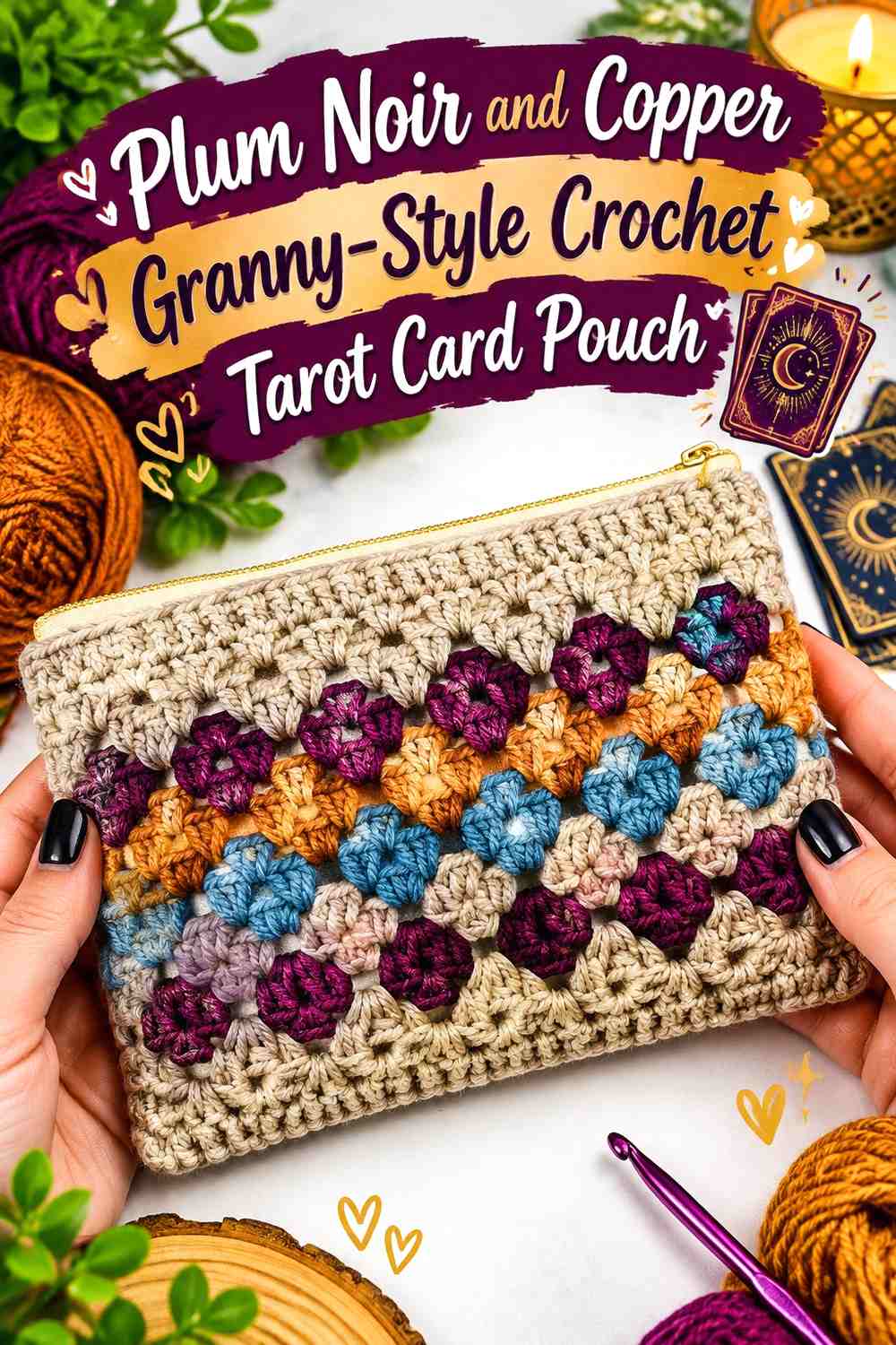 Plum Noir and Copper Granny-Style Crochet Tarot Card Pouch