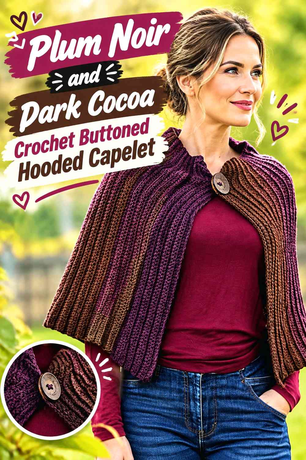 Plum Noir and Dark Cocoa Crochet Buttoned Hooded Capelet
