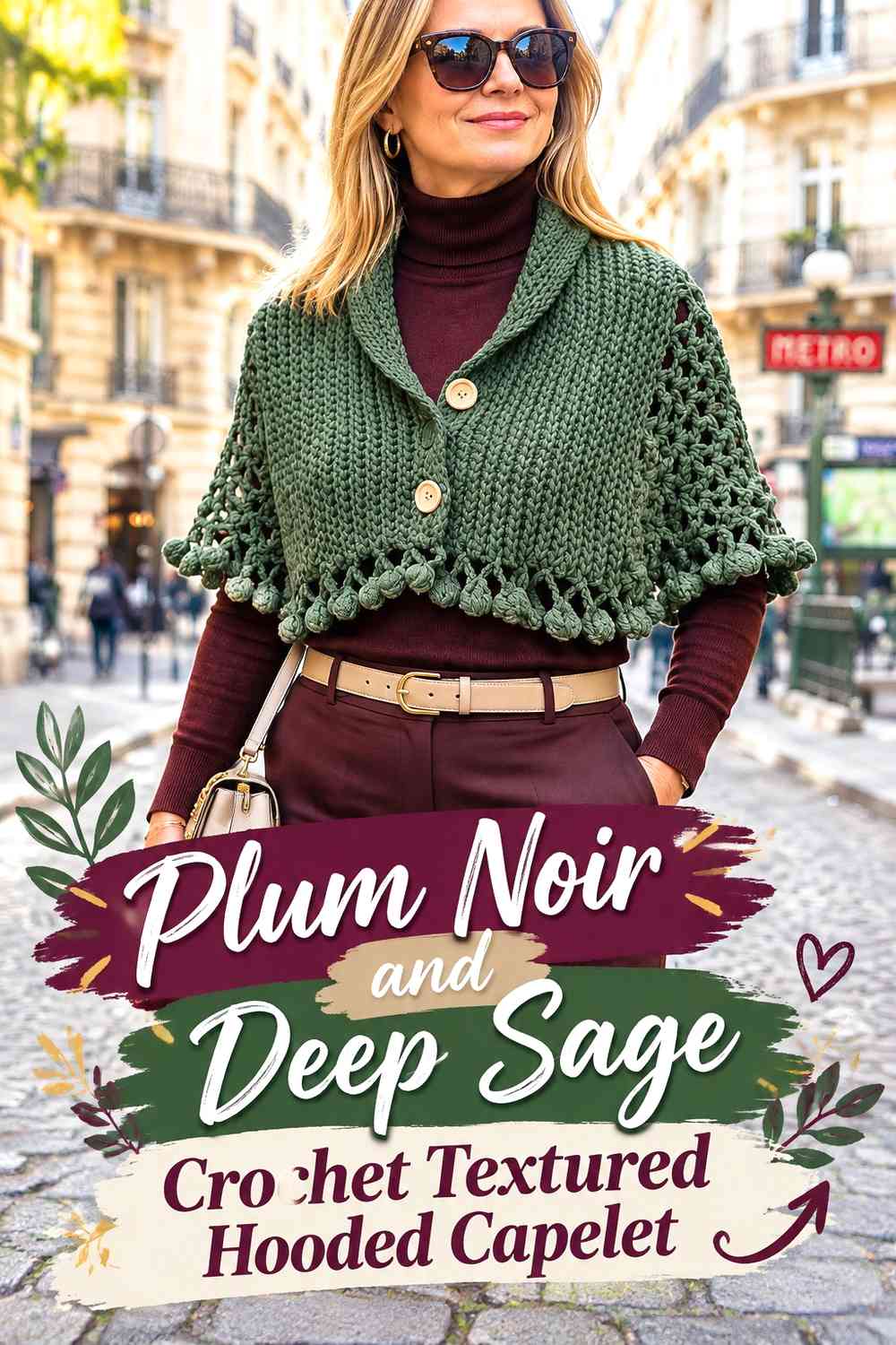Plum Noir and Deep Sage Crochet Textured Hooded Capelet