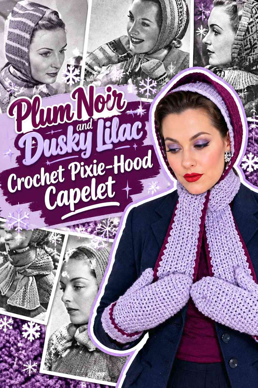 Plum Noir and Dusky Lilac Crochet Pixie-Hood Capelet