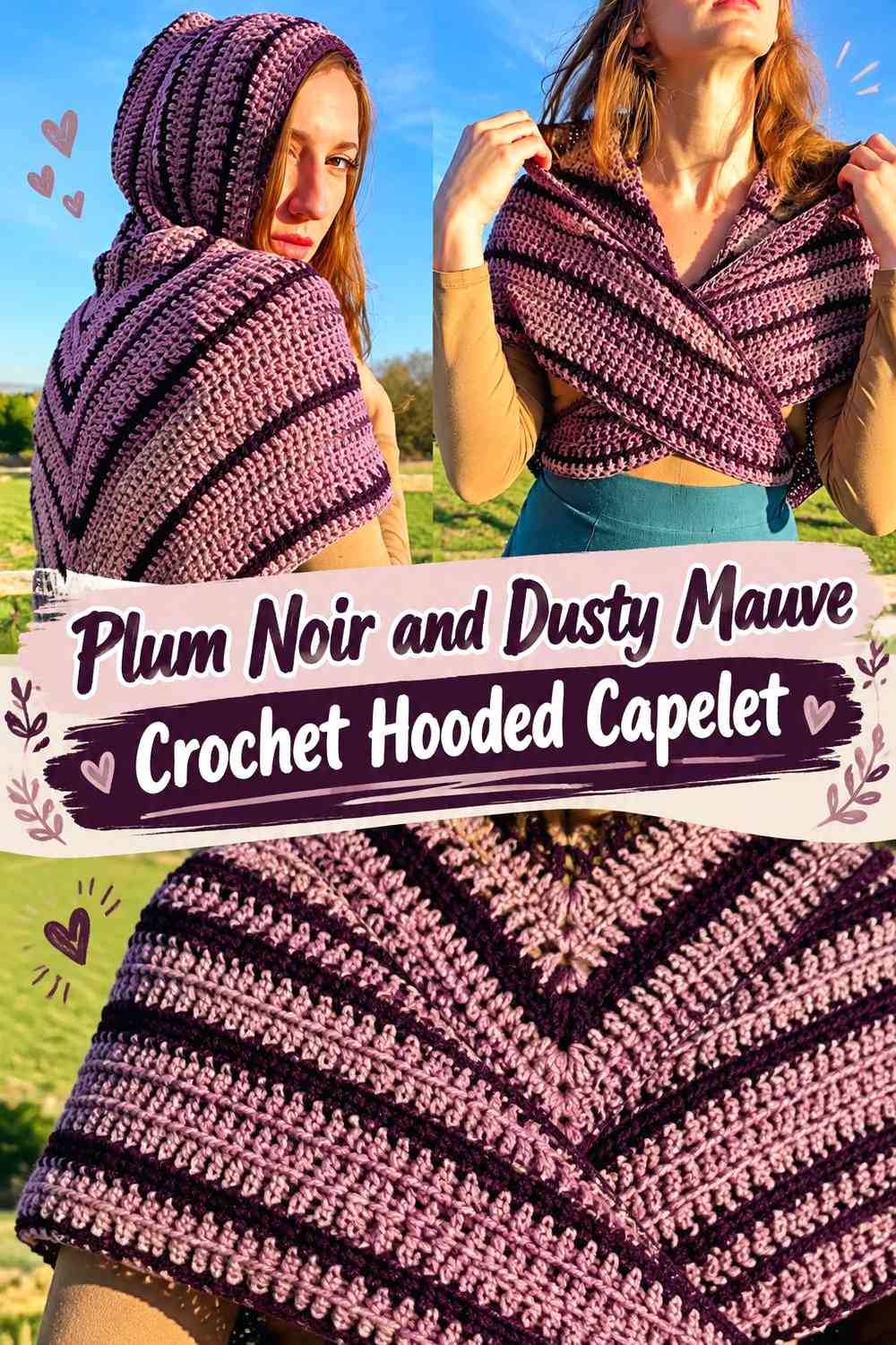 Plum Noir and Dusty Mauve Crochet Hooded Capelet