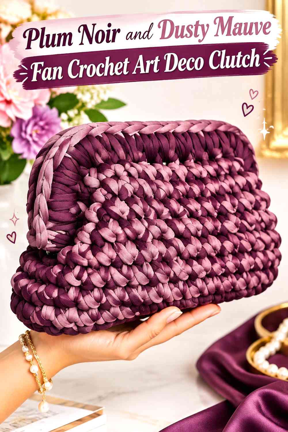 Plum Noir and Dusty Mauve Fan Crochet Art Deco Clutch