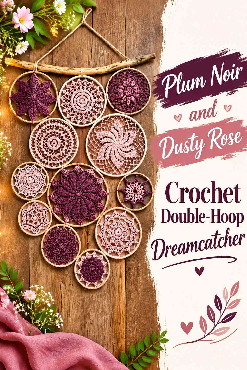Plum Noir and Dusty Rose Crochet Double-Hoop Dreamcatcher