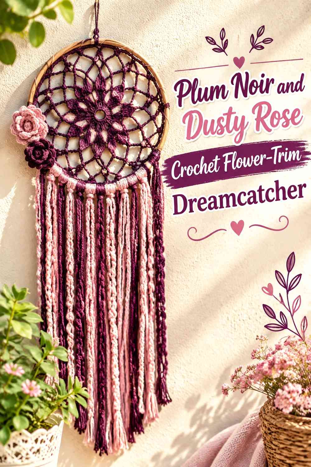 Plum Noir and Dusty Rose Crochet Flower-Trim Dreamcatcher