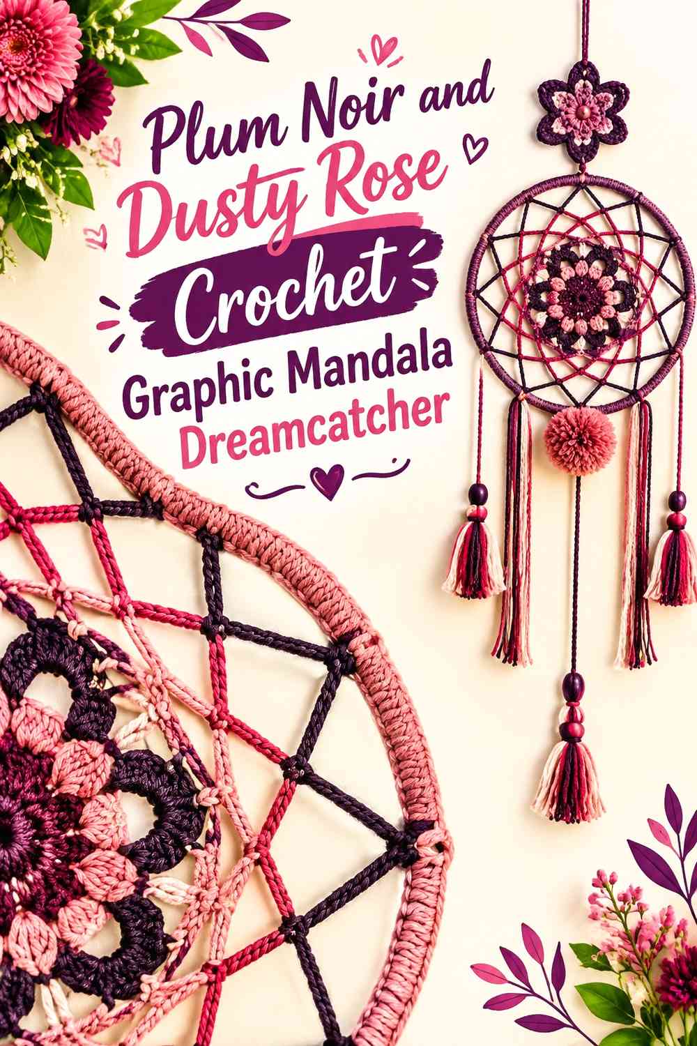 Plum Noir and Dusty Rose Crochet Graphic Mandala Dreamcatcher