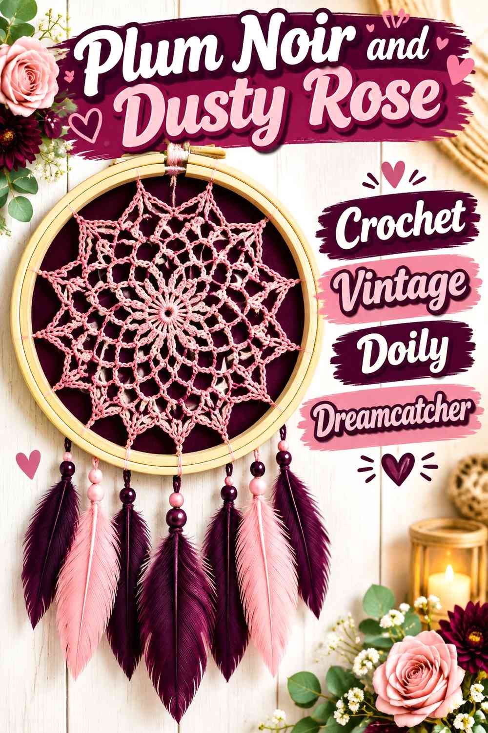 Plum Noir and Dusty Rose Crochet Vintage Doily Dreamcatcher