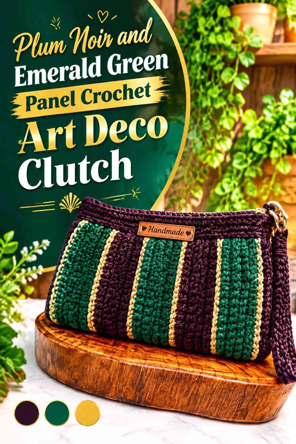 Plum Noir and Emerald Green Panel Crochet Art Deco Clutch