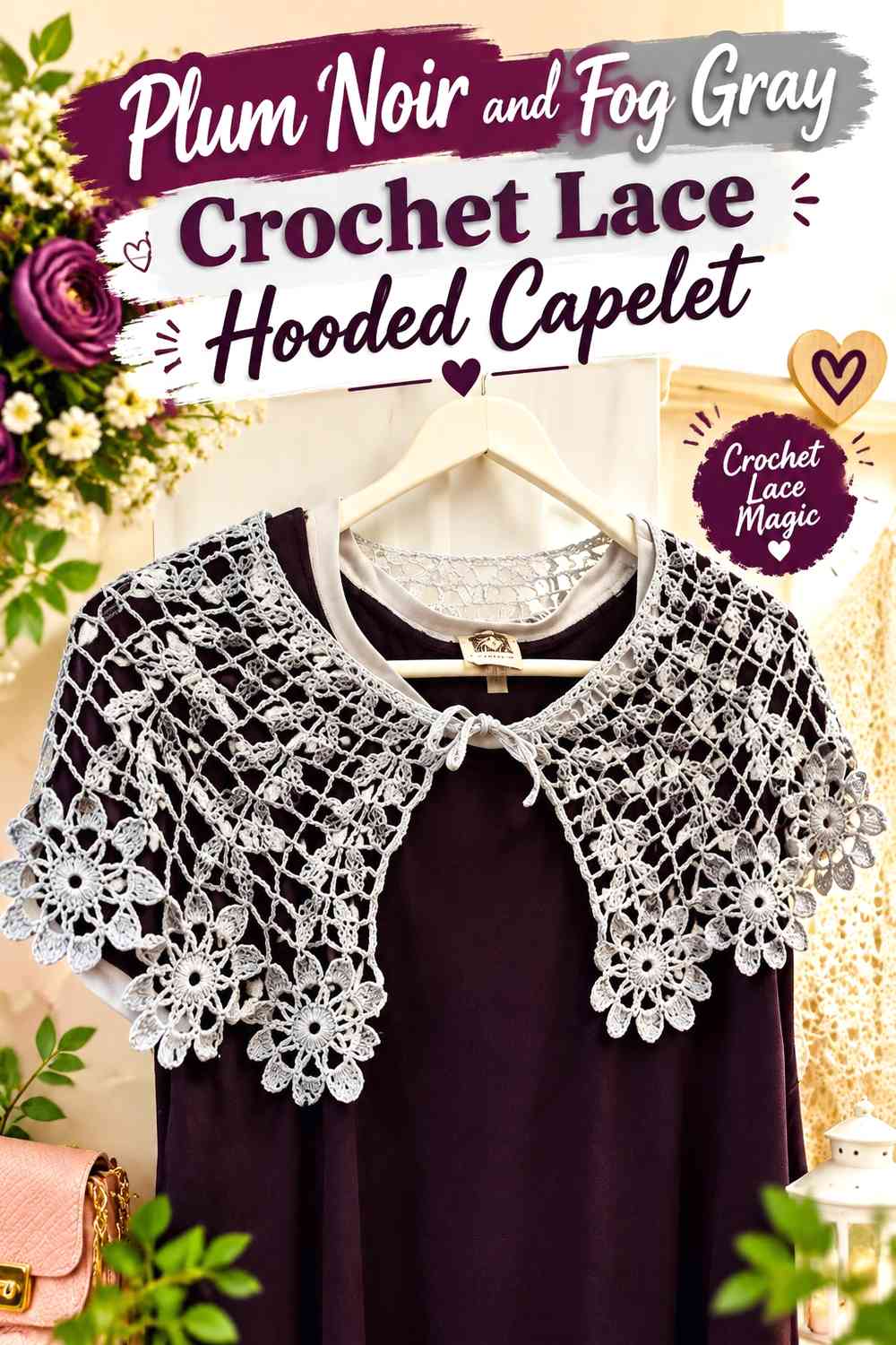 Plum Noir and Fog Gray Crochet Lace Hooded Capelet