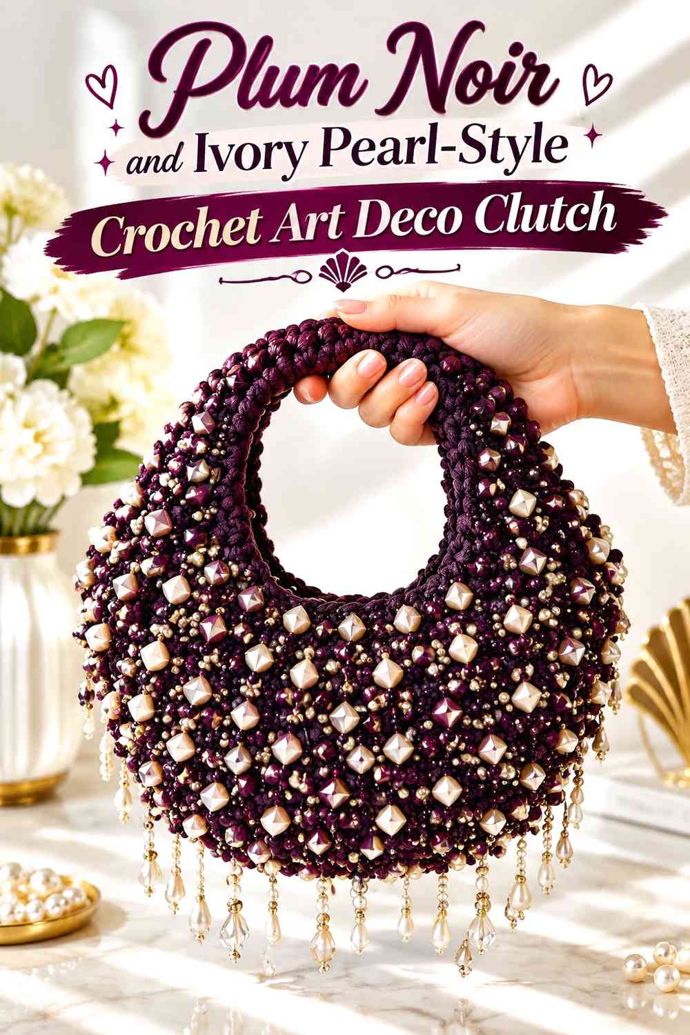 Plum Noir and Ivory Pearl-Style Crochet Art Deco Clutch