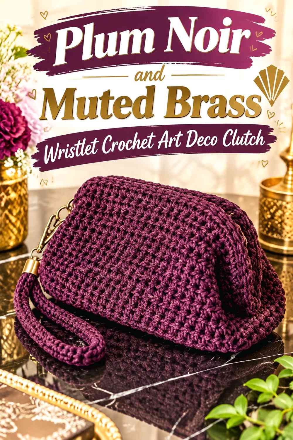 Plum Noir and Muted Brass Wristlet Crochet Art Deco Clutch