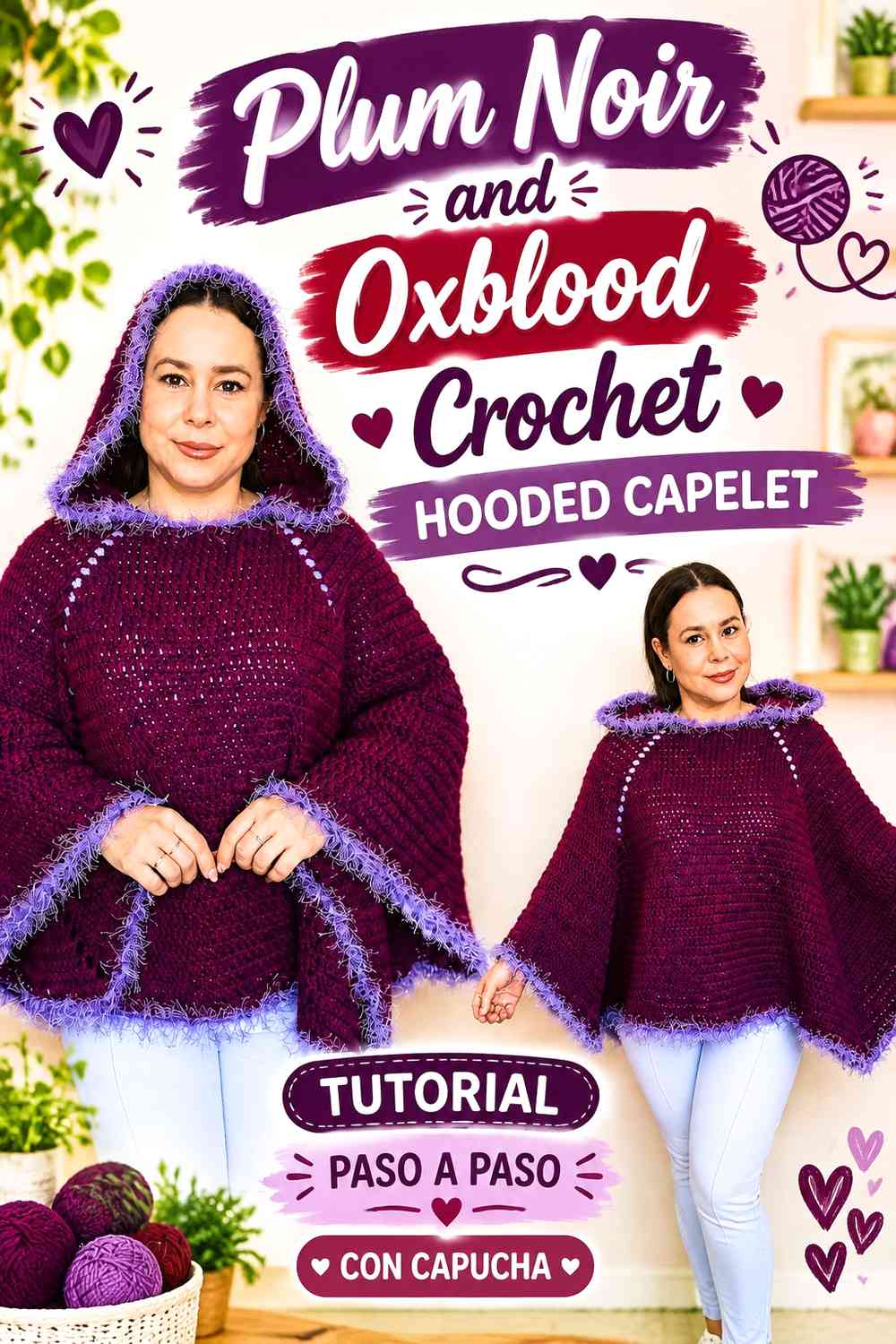 Plum Noir and Oxblood Crochet Hooded Capelet