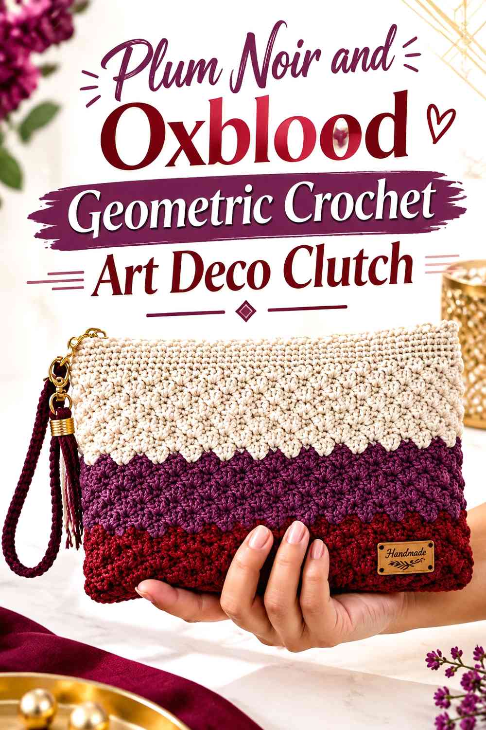 Plum Noir and Oxblood Geometric Crochet Art Deco Clutch