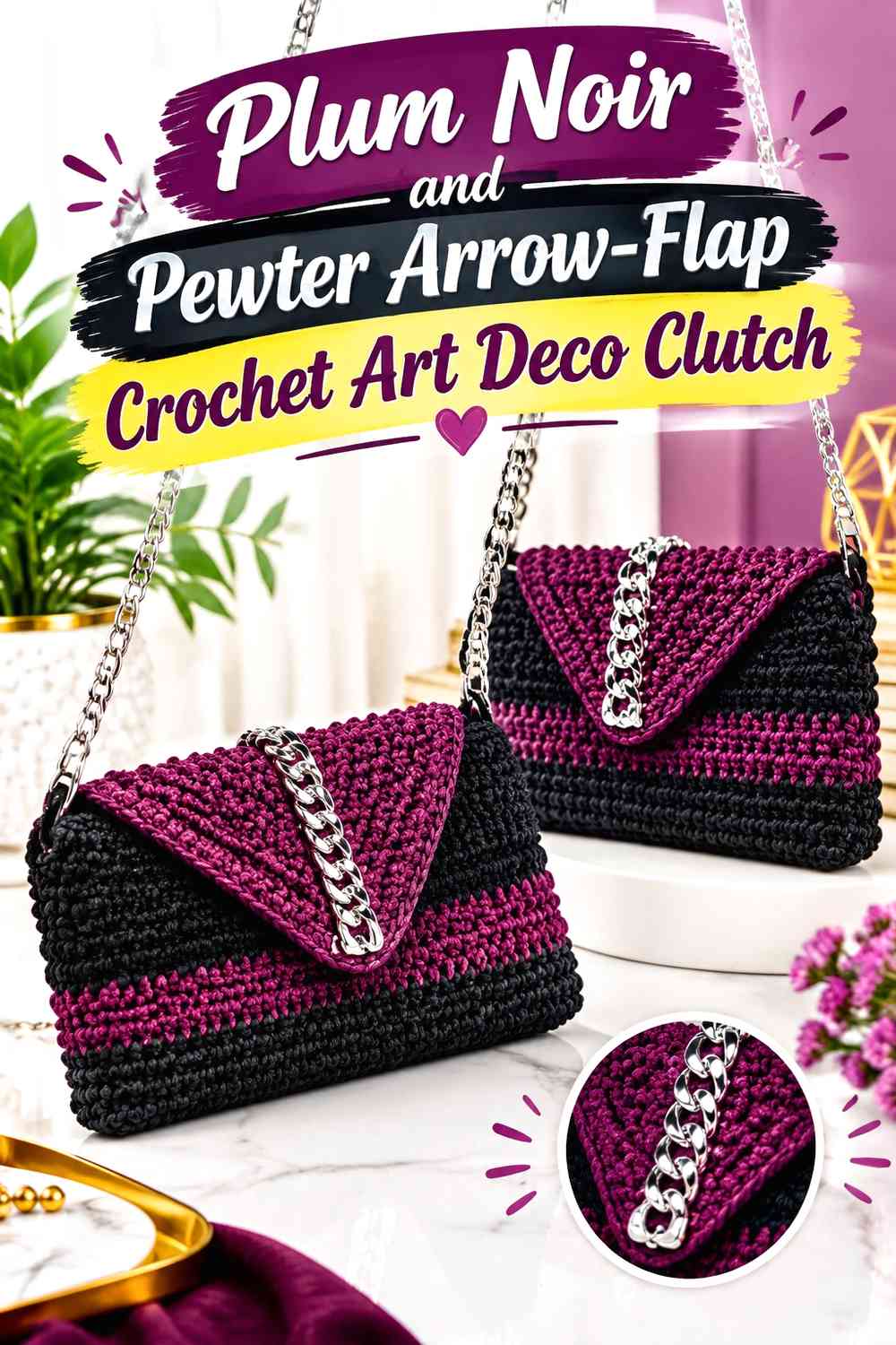 Plum Noir and Pewter Arrow-Flap Crochet Art Deco Clutch