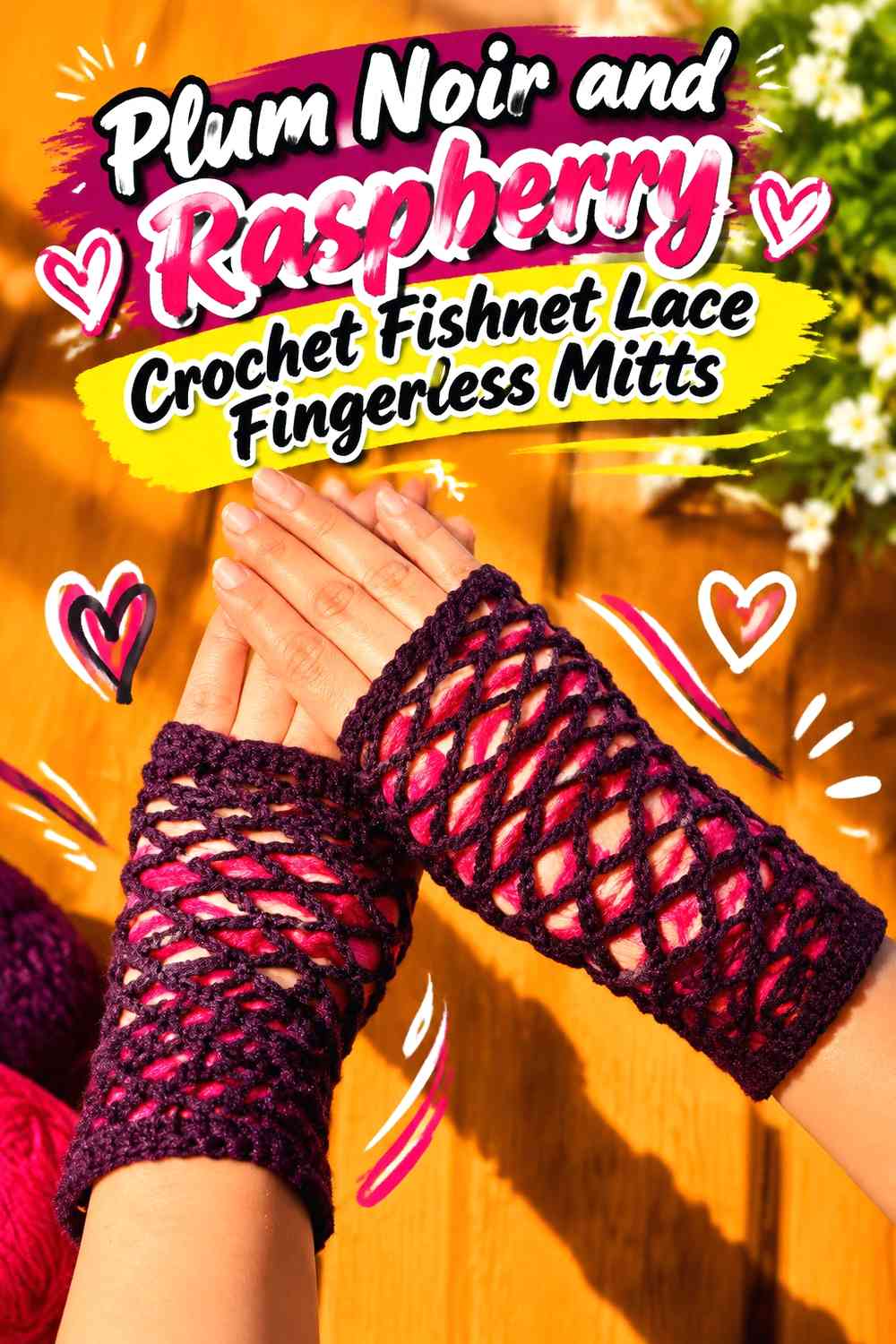 Plum Noir and Raspberry Crochet Fishnet Lace Fingerless Mitts