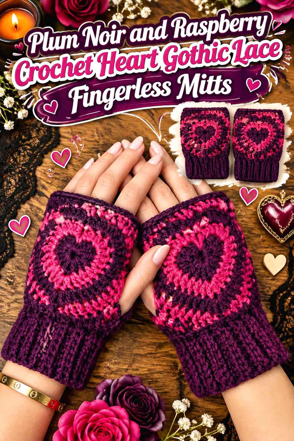 Plum Noir and Raspberry Crochet Heart Gothic Lace Fingerless Mitts