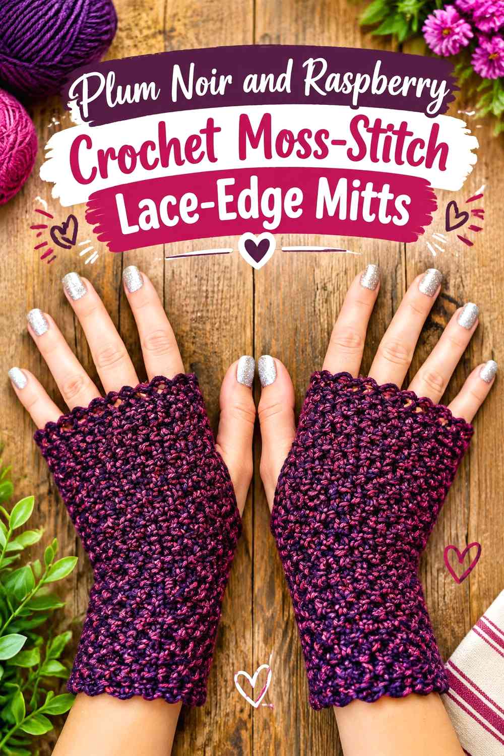 Plum Noir and Raspberry Crochet Moss-Stitch Lace-Edge Mitts