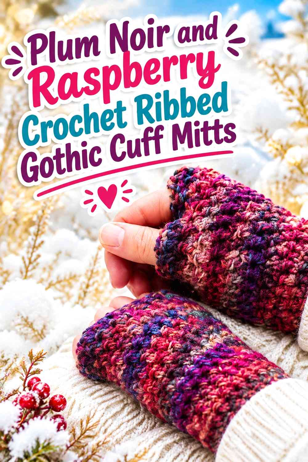 Plum Noir and Raspberry Crochet Ribbed Gothic Cuff Mitts