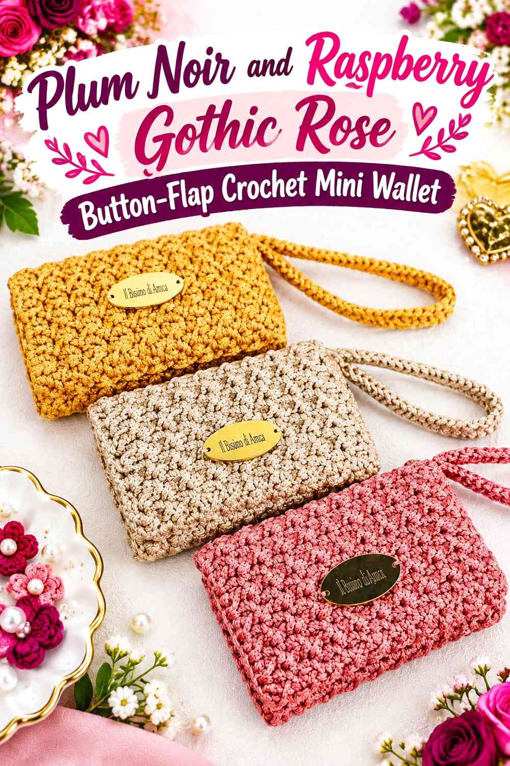 Plum Noir and Raspberry Gothic Rose Button-Flap Crochet Mini Wallet