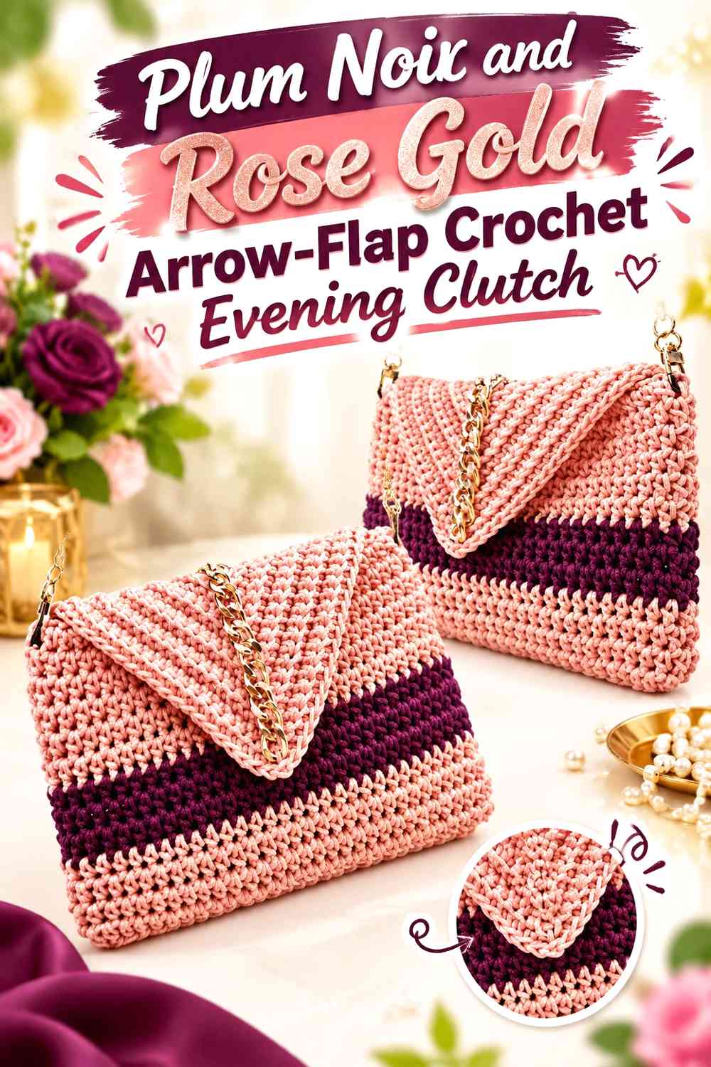 Plum Noir and Rose Gold Arrow-Flap Crochet Evening Clutch