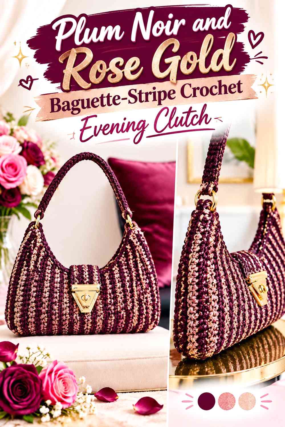 Plum Noir and Rose Gold Baguette-Stripe Crochet Evening Clutch