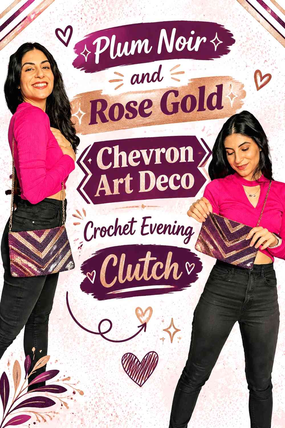 Plum Noir and Rose Gold Chevron Art Deco Crochet Evening Clutch