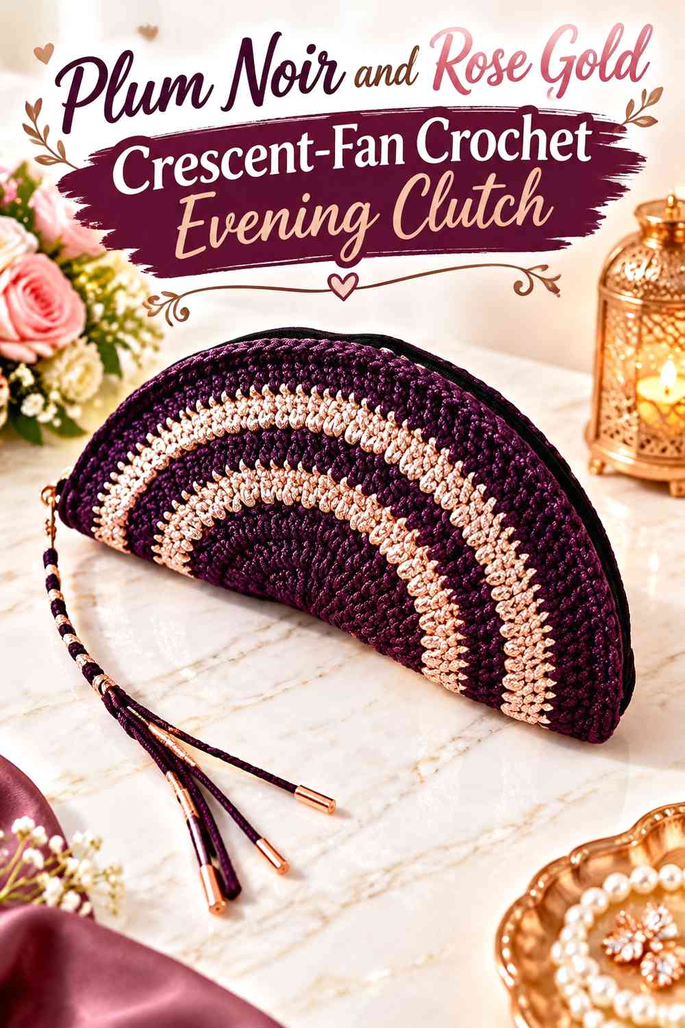 Plum Noir and Rose Gold Crescent-Fan Crochet Evening Clutch