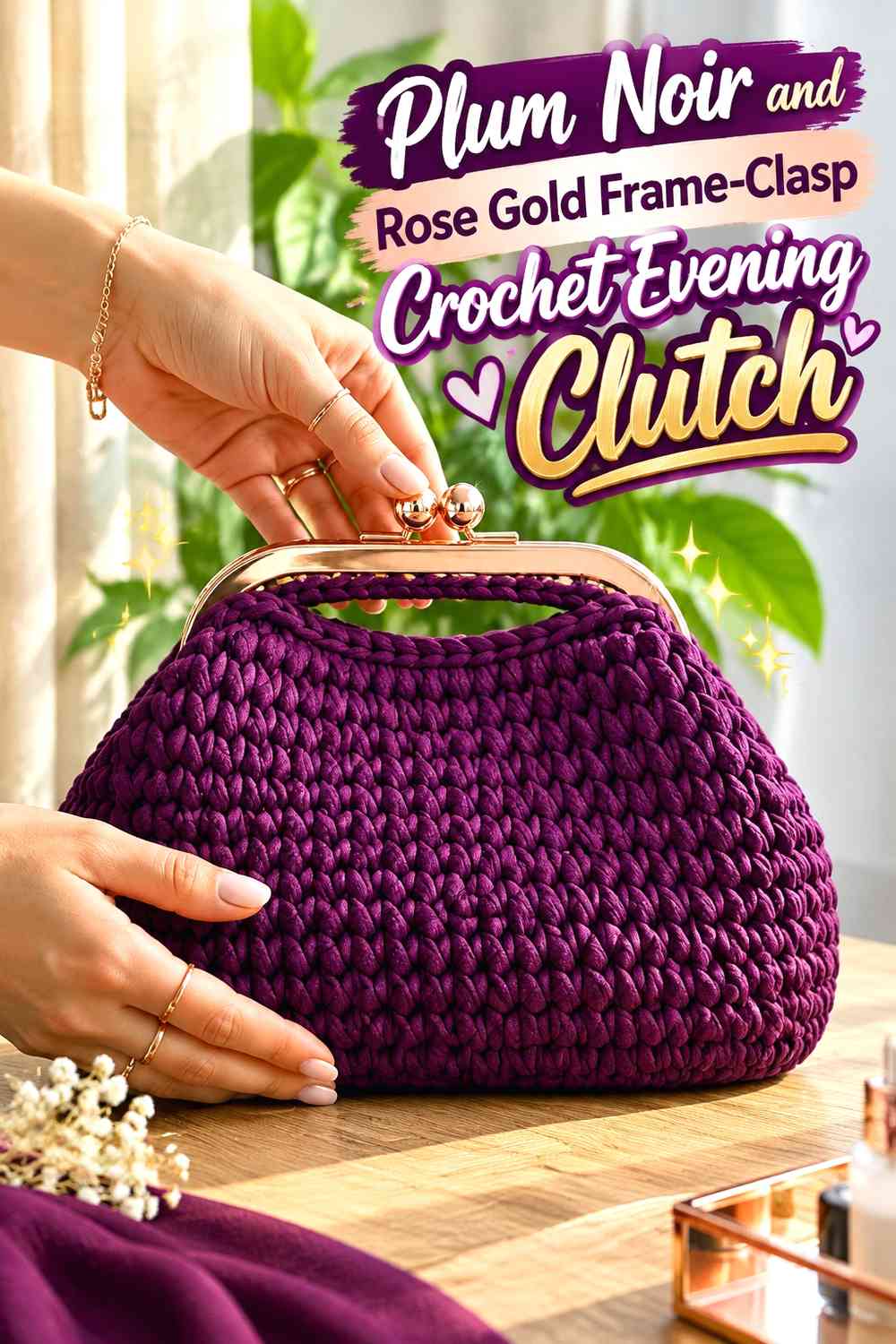 Plum Noir and Rose Gold Frame-Clasp Crochet Evening Clutch