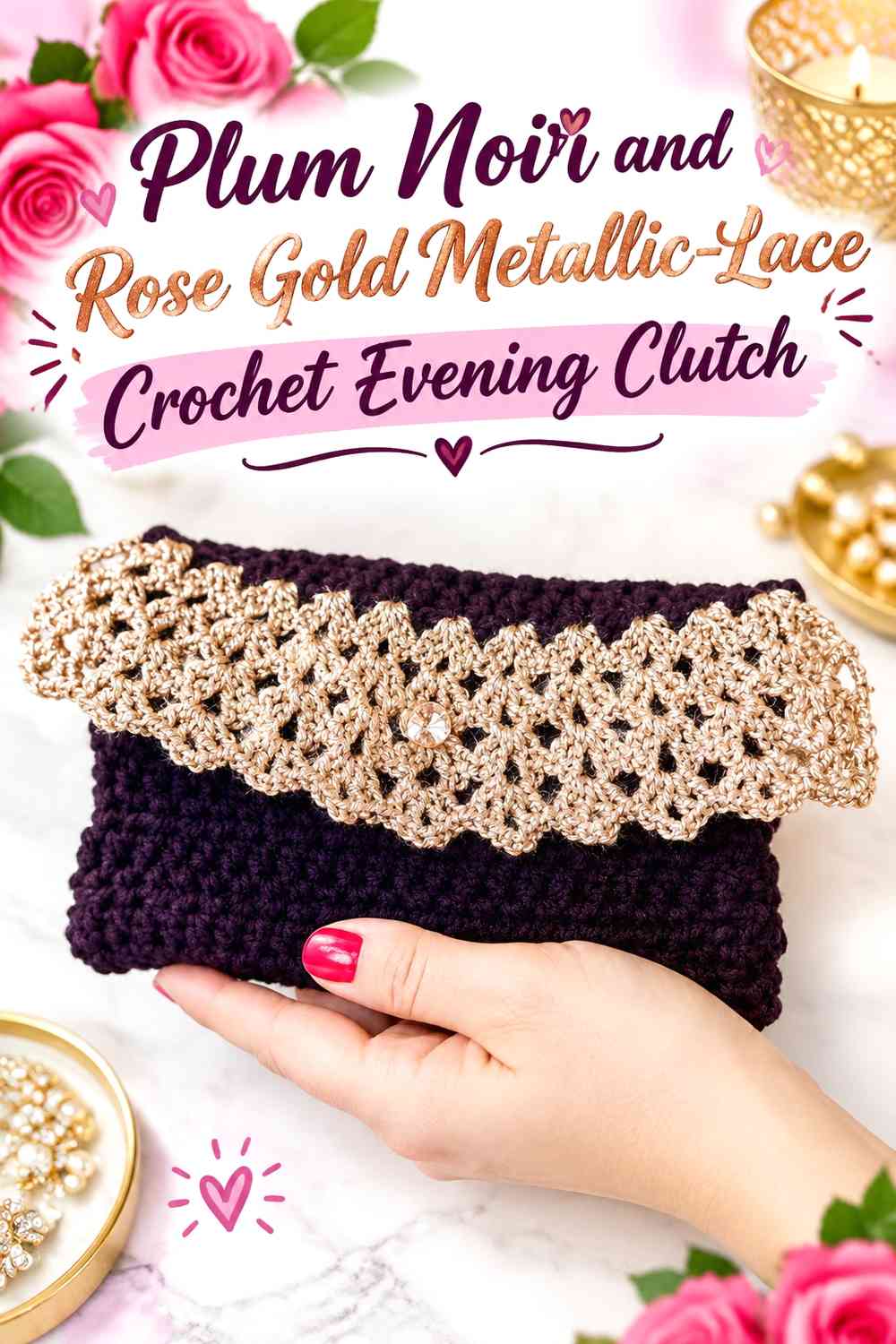 Plum Noir and Rose Gold Metallic-Lace Crochet Evening Clutch