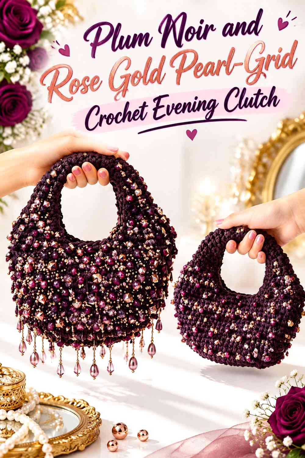 Plum Noir and Rose Gold Pearl-Grid Crochet Evening Clutch