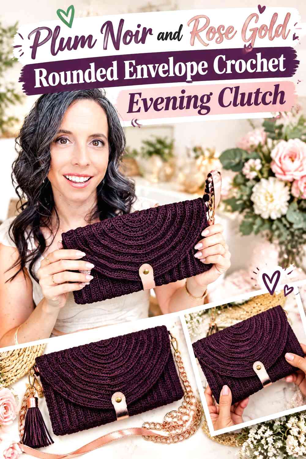 Plum Noir and Rose Gold Rounded Envelope Crochet Evening Clutch