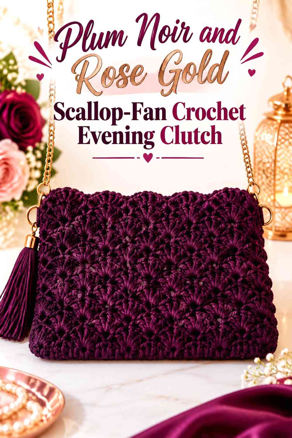 Plum Noir and Rose Gold Scallop-Fan Crochet Evening Clutch