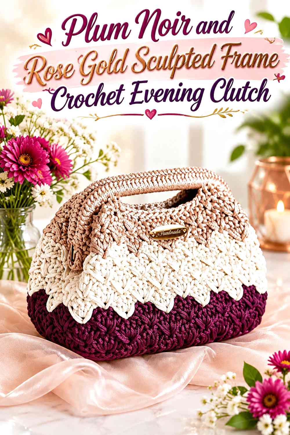 Plum Noir and Rose Gold Sculpted Frame Crochet Evening Clutch
