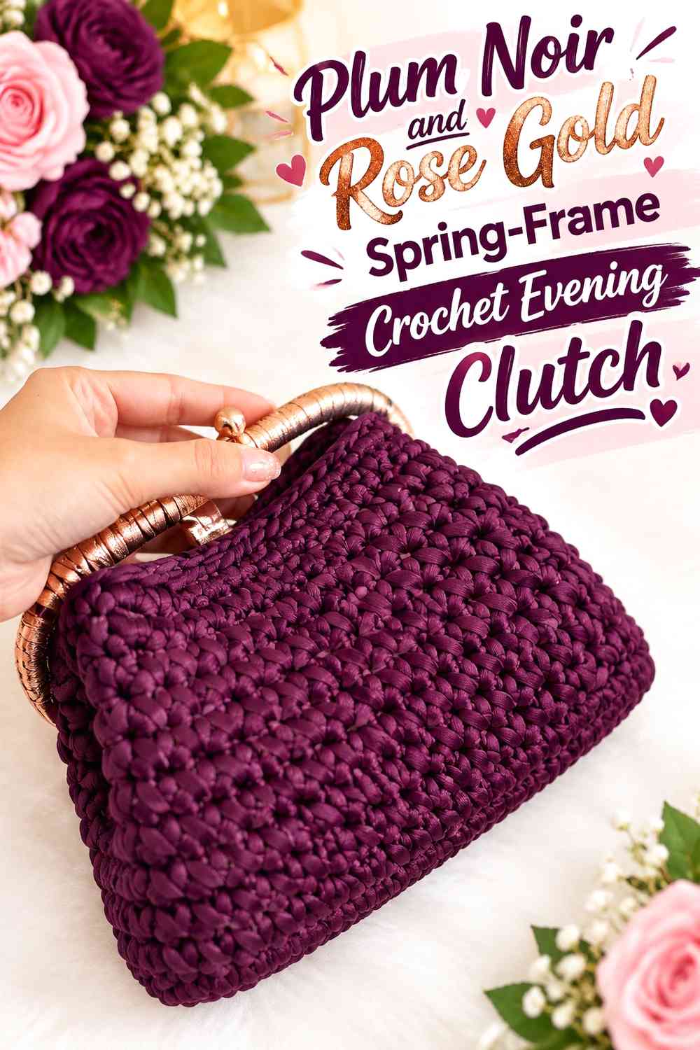 Plum Noir and Rose Gold Spring-Frame Crochet Evening Clutch