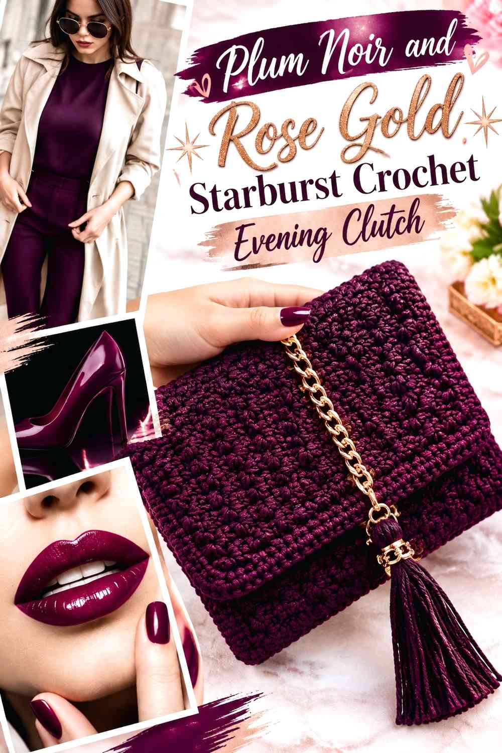 Plum Noir and Rose Gold Starburst Crochet Evening Clutch