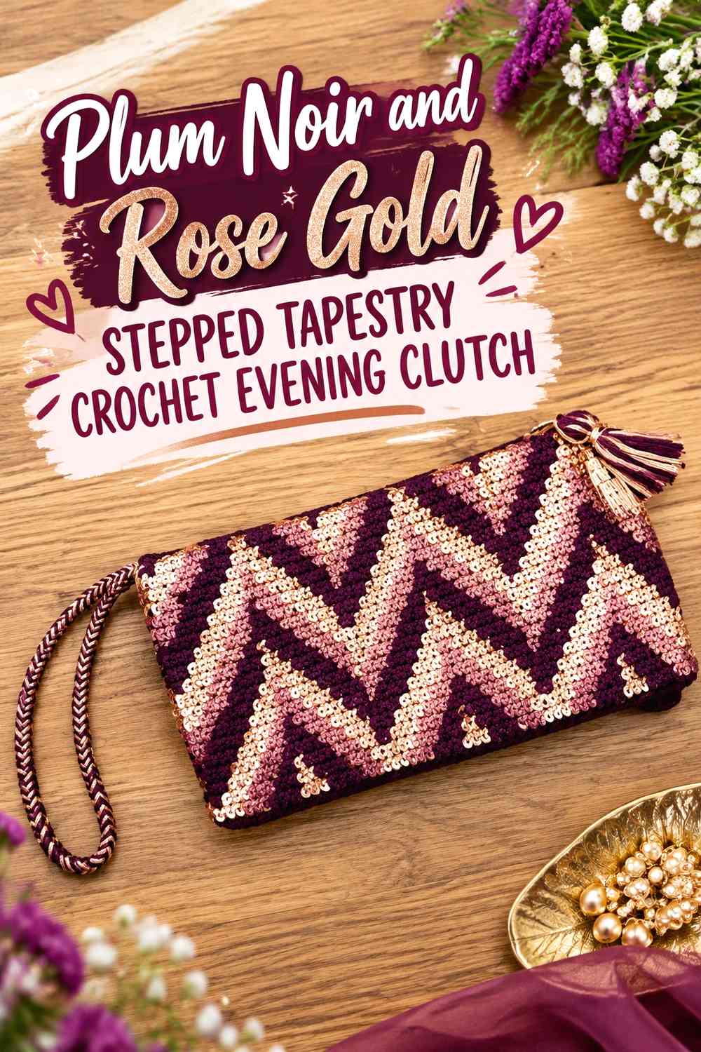 Plum Noir and Rose Gold Stepped Tapestry Crochet Evening Clutch