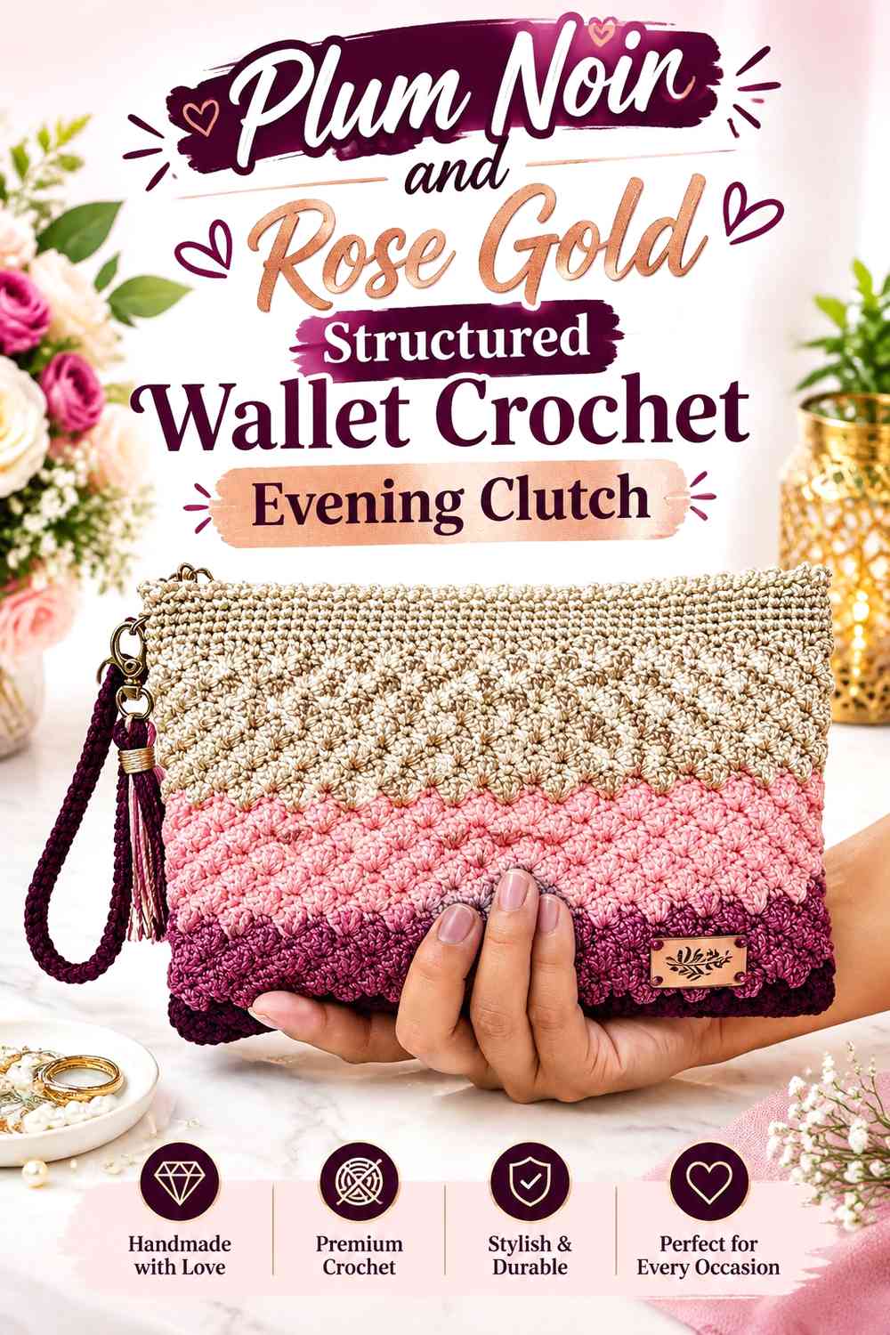 Plum Noir and Rose Gold Structured Wallet Crochet Evening Clutch