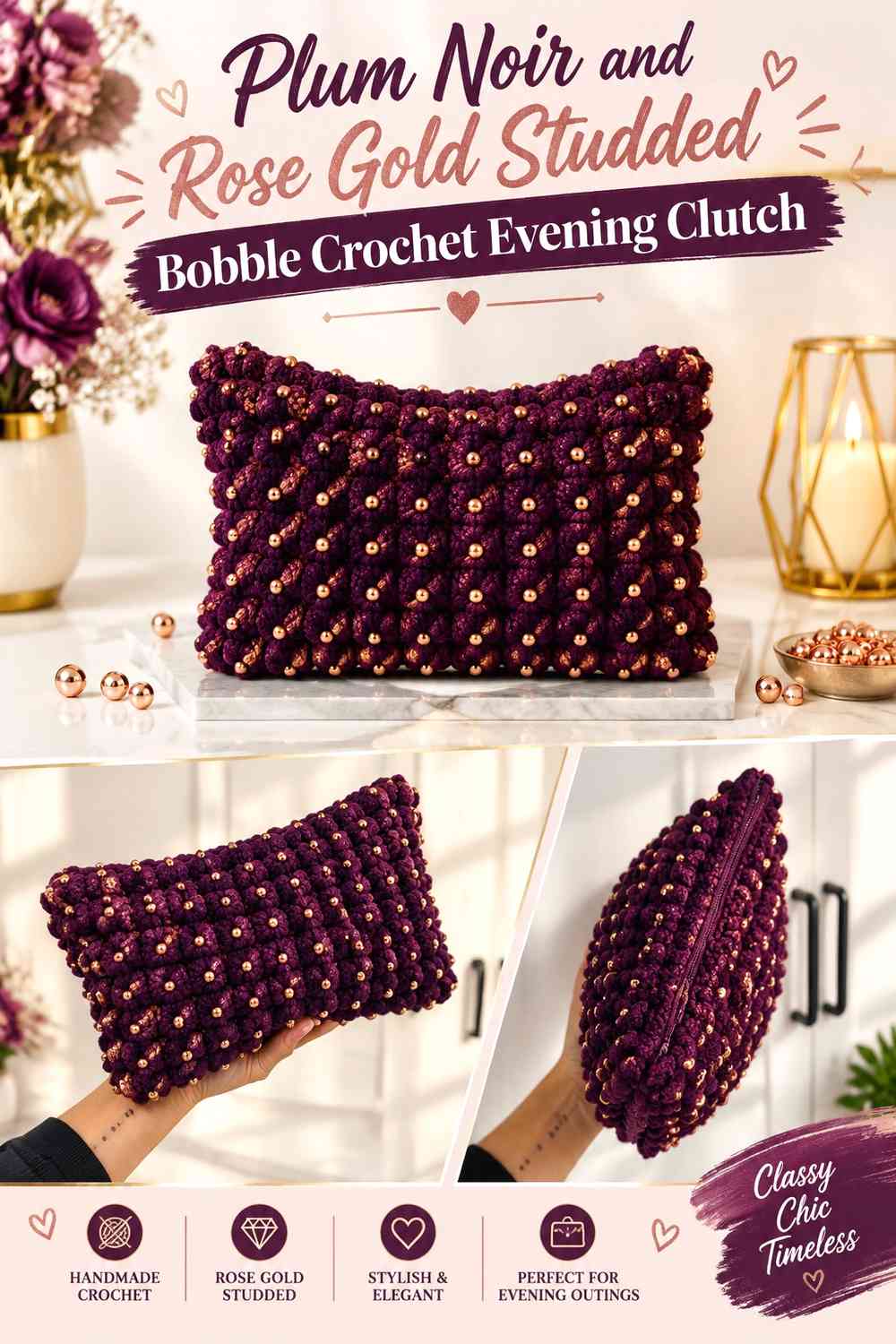 Plum Noir and Rose Gold Studded Bobble Crochet Evening Clutch
