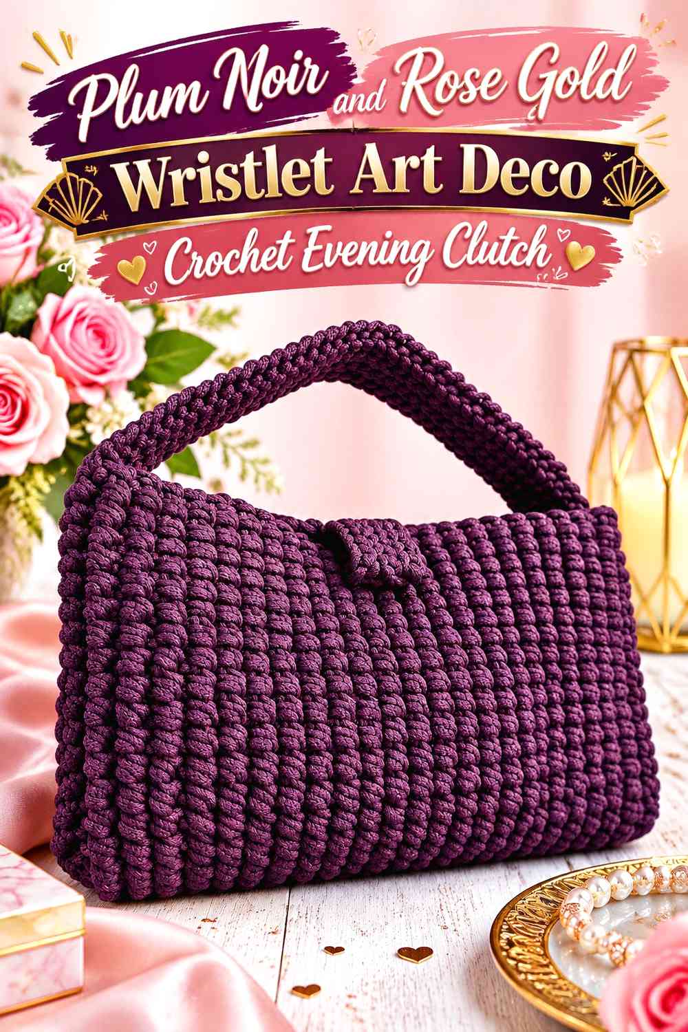Plum Noir and Rose Gold Wristlet Art Deco Crochet Evening Clutch