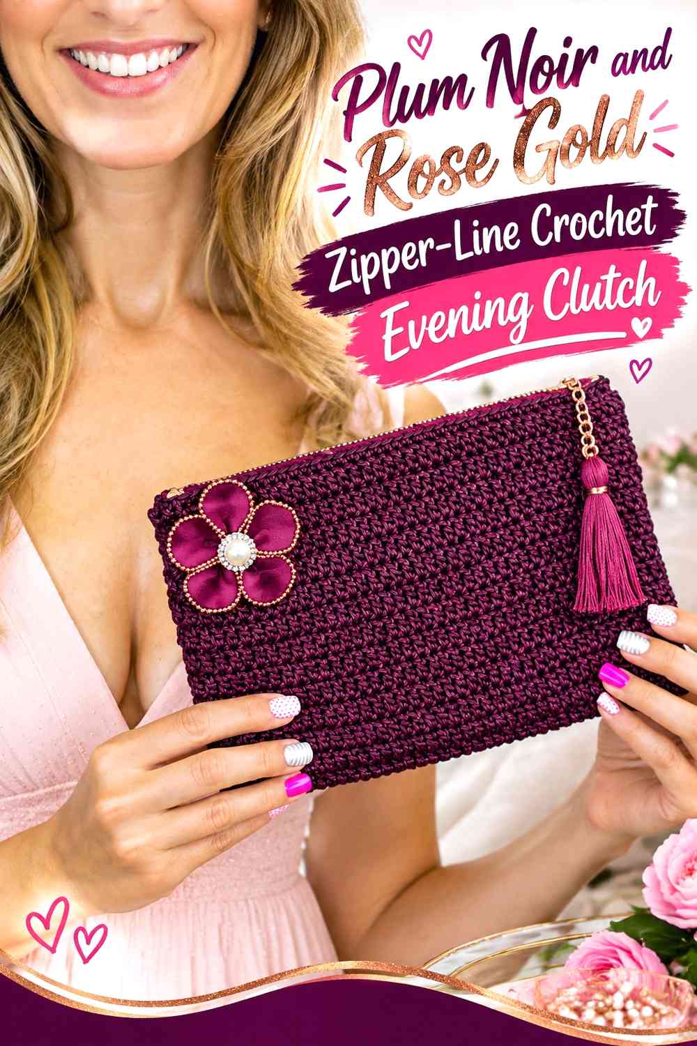 Plum Noir and Rose Gold Zipper-Line Crochet Evening Clutch
