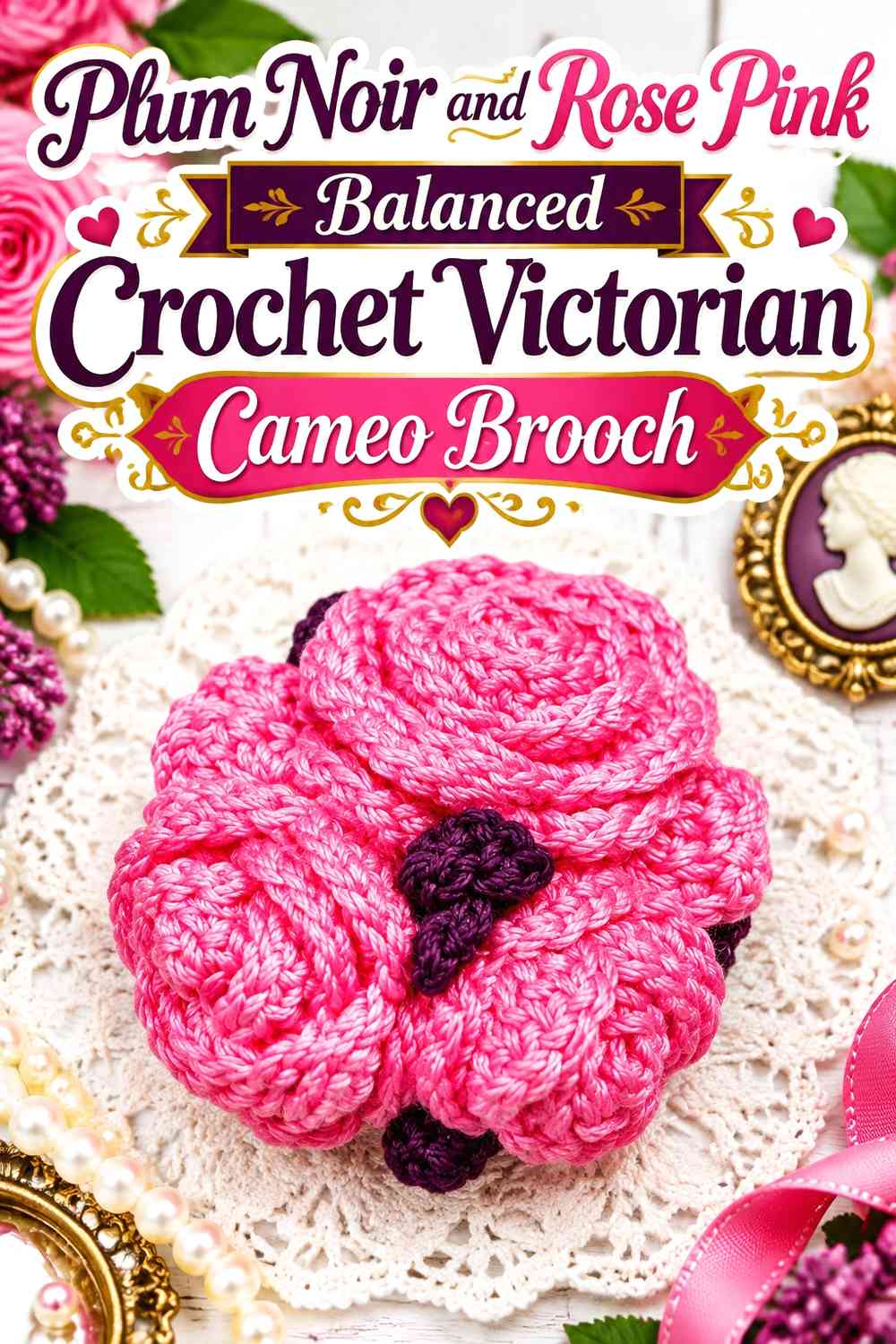 Plum Noir and Rose Pink Balanced Crochet Victorian Cameo Brooch