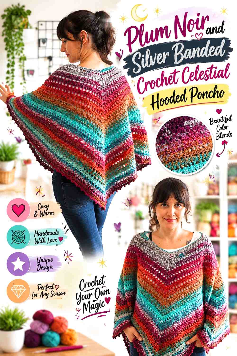 Plum Noir and Silver Banded Crochet Celestial Hooded Poncho