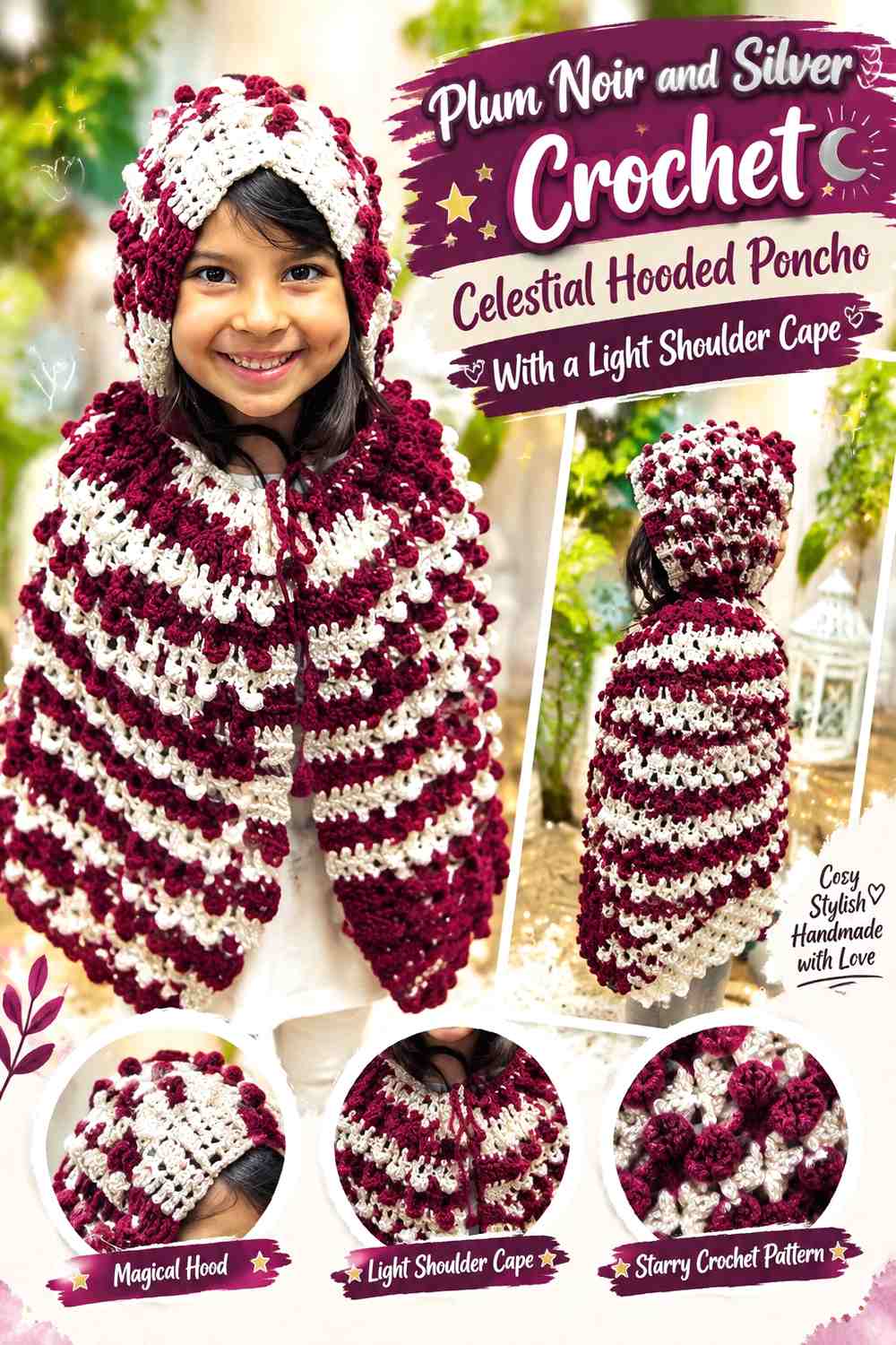 Plum Noir and Silver Crochet Celestial Hooded Poncho With a Light Shoulder Cape