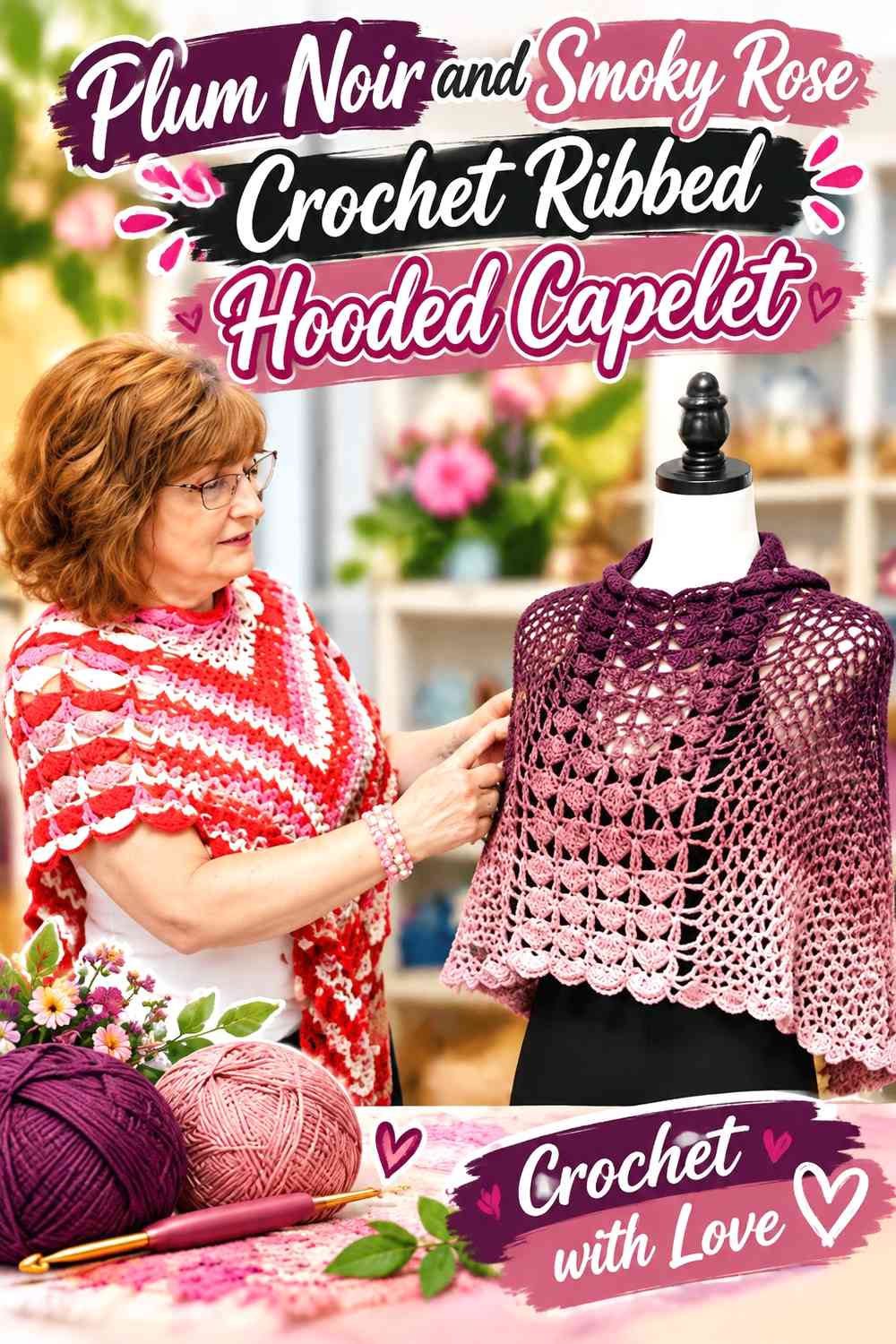 Plum Noir and Smoky Rose Crochet Ribbed Hooded Capelet