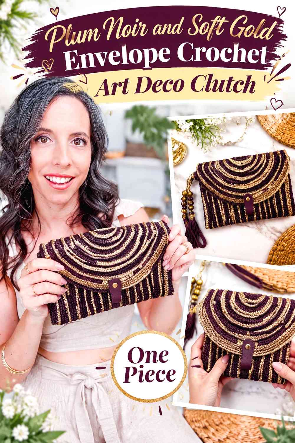 Plum Noir and Soft Gold Envelope Crochet Art Deco Clutch