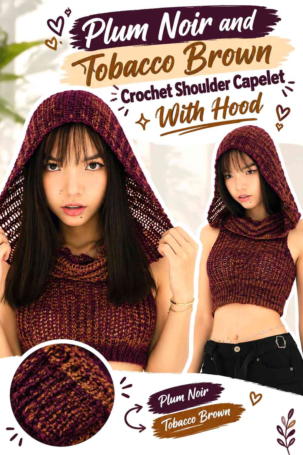 Plum Noir and Tobacco Brown Crochet Shoulder Capelet With Hood