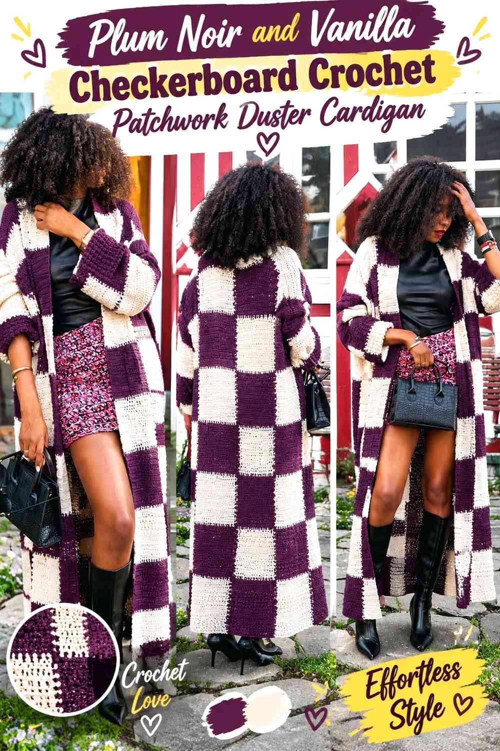 Plum Noir and Vanilla Checkerboard Crochet Patchwork Duster Cardigan