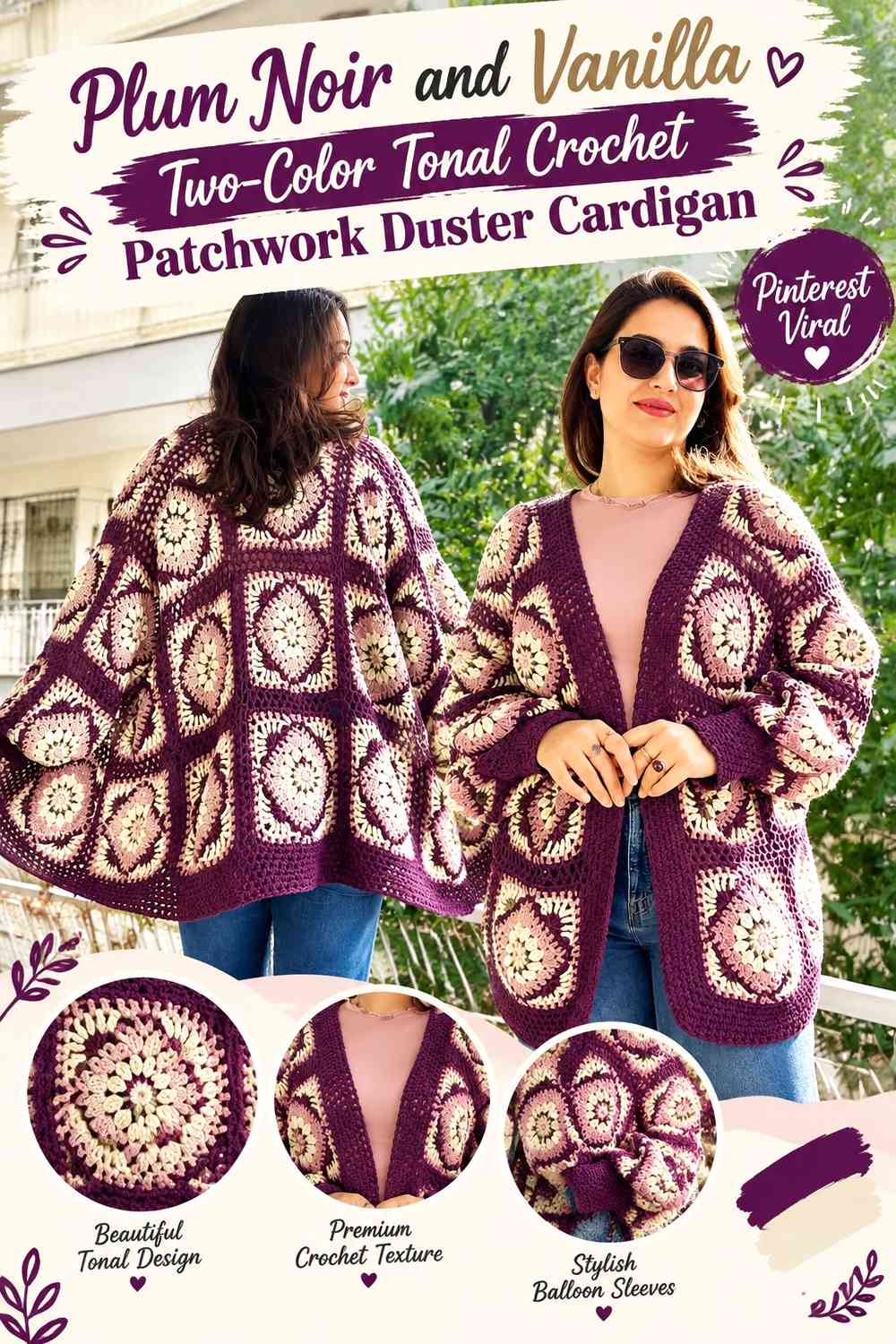 Plum Noir and Vanilla Two-Color Tonal Crochet Patchwork Duster Cardigan