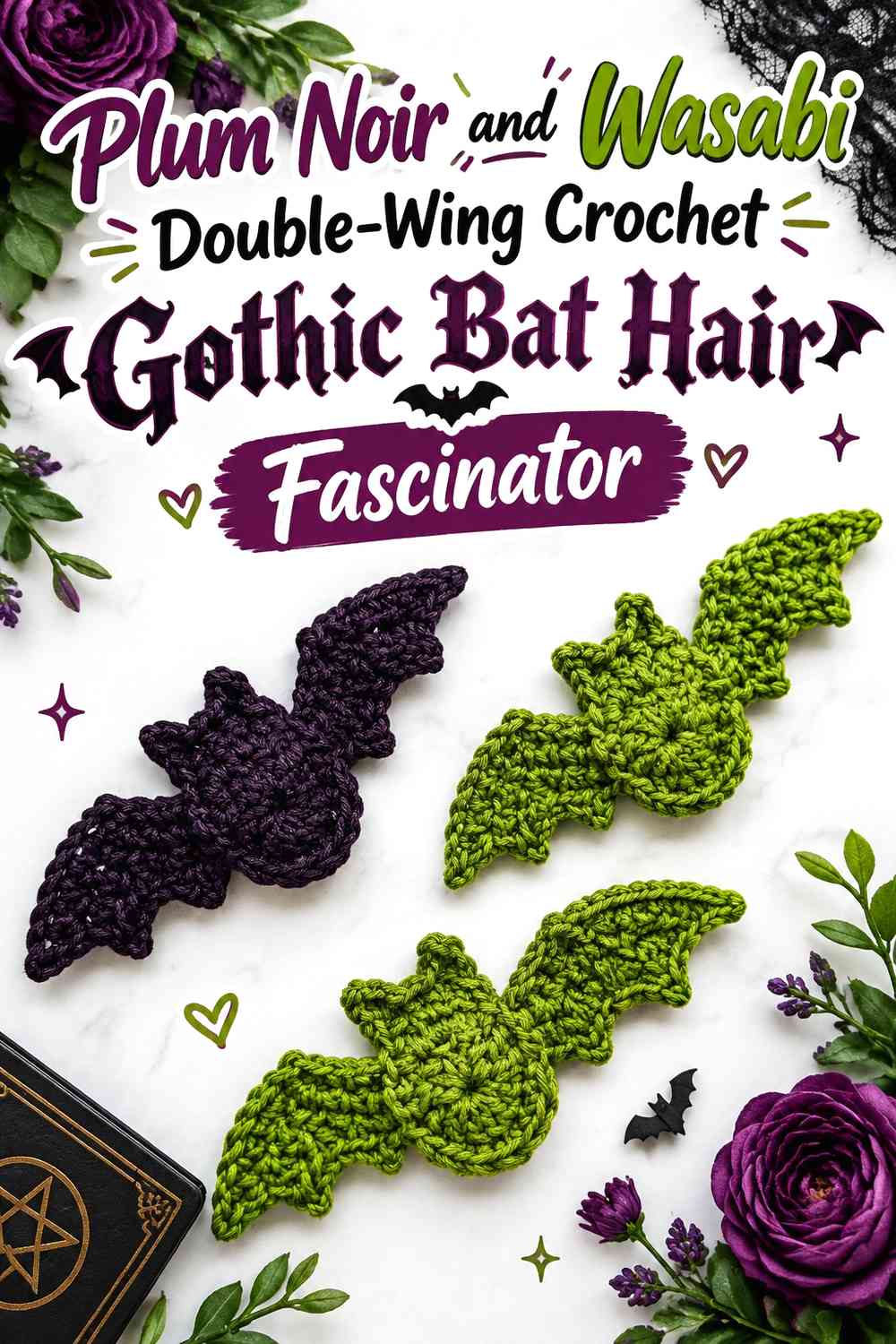 Plum Noir and Wasabi Double-Wing Crochet Gothic Bat Hair Fascinator