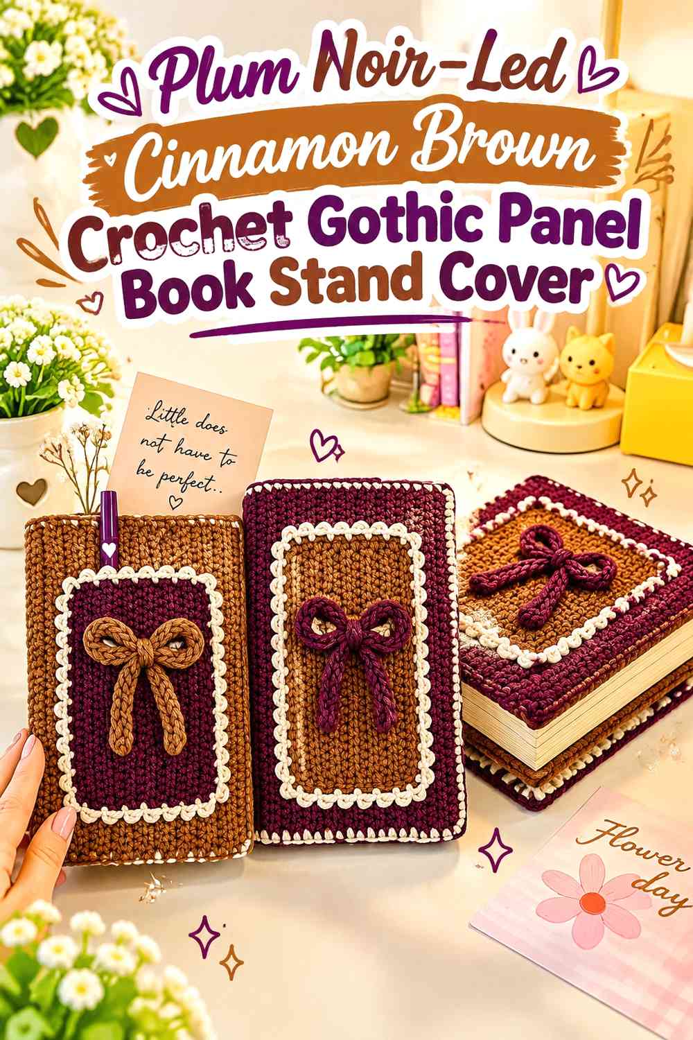 Plum Noir–Led Cinnamon Brown Crochet Gothic Panel Book Stand Cover